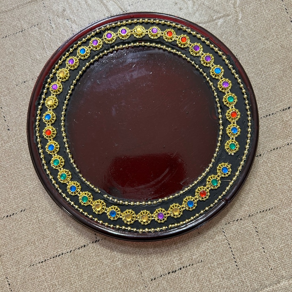 Antique Burgundy Glass Tea Trivet Hot Plate with Rhinestones